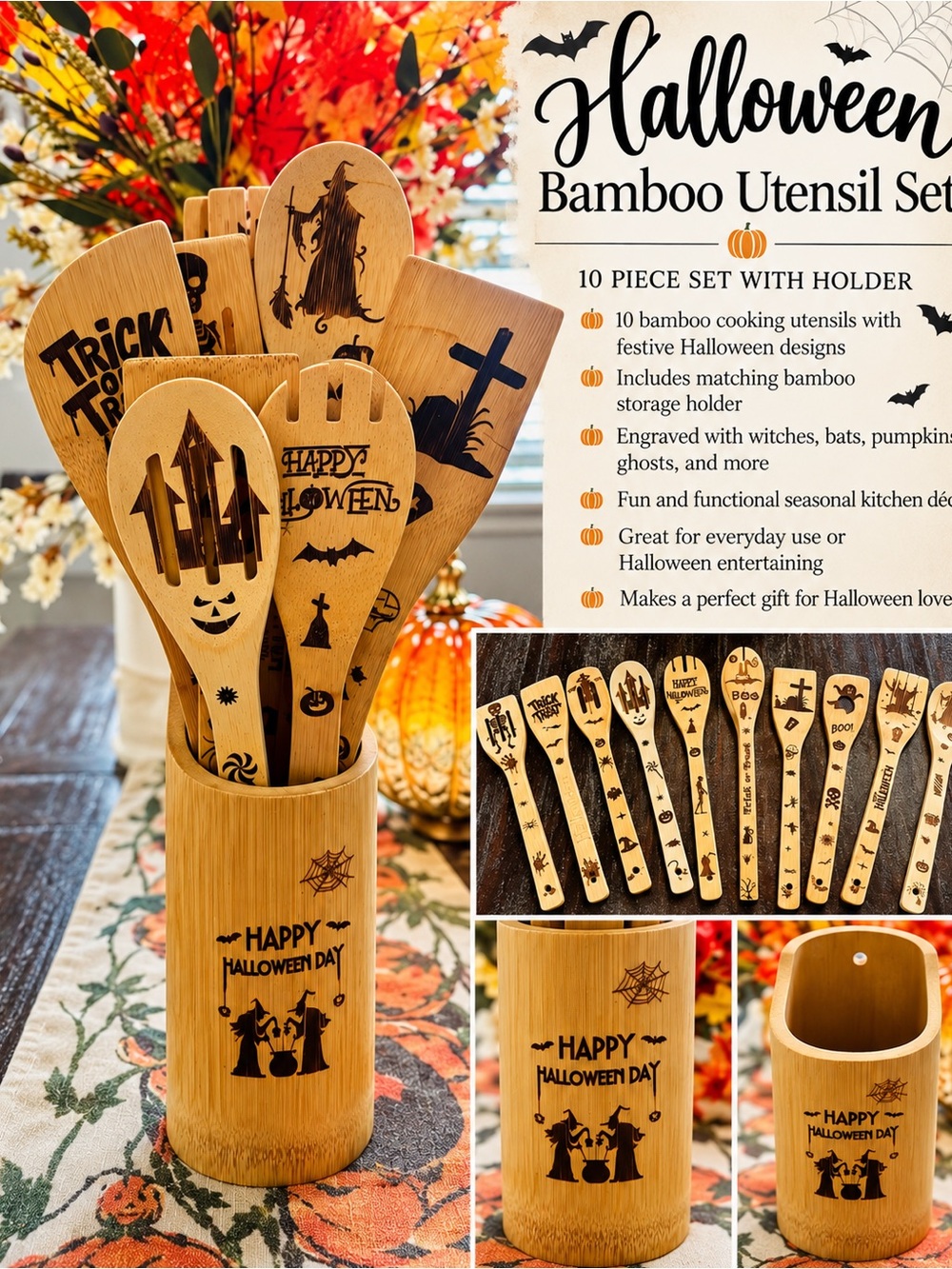 Halloween Bamboo Cooking Utensil Set 10 Pc w Holder Engraved Witch Pumpkin Ghost